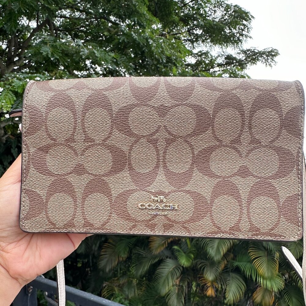 COACH Anna Foldover Crossbody Clutch Leather Cream/Brown